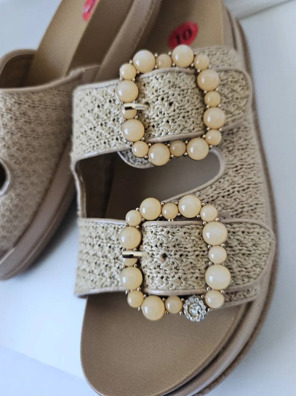 BCBGeneration Beau Raffia Beaded Buckle Slide Sandals - Size 10